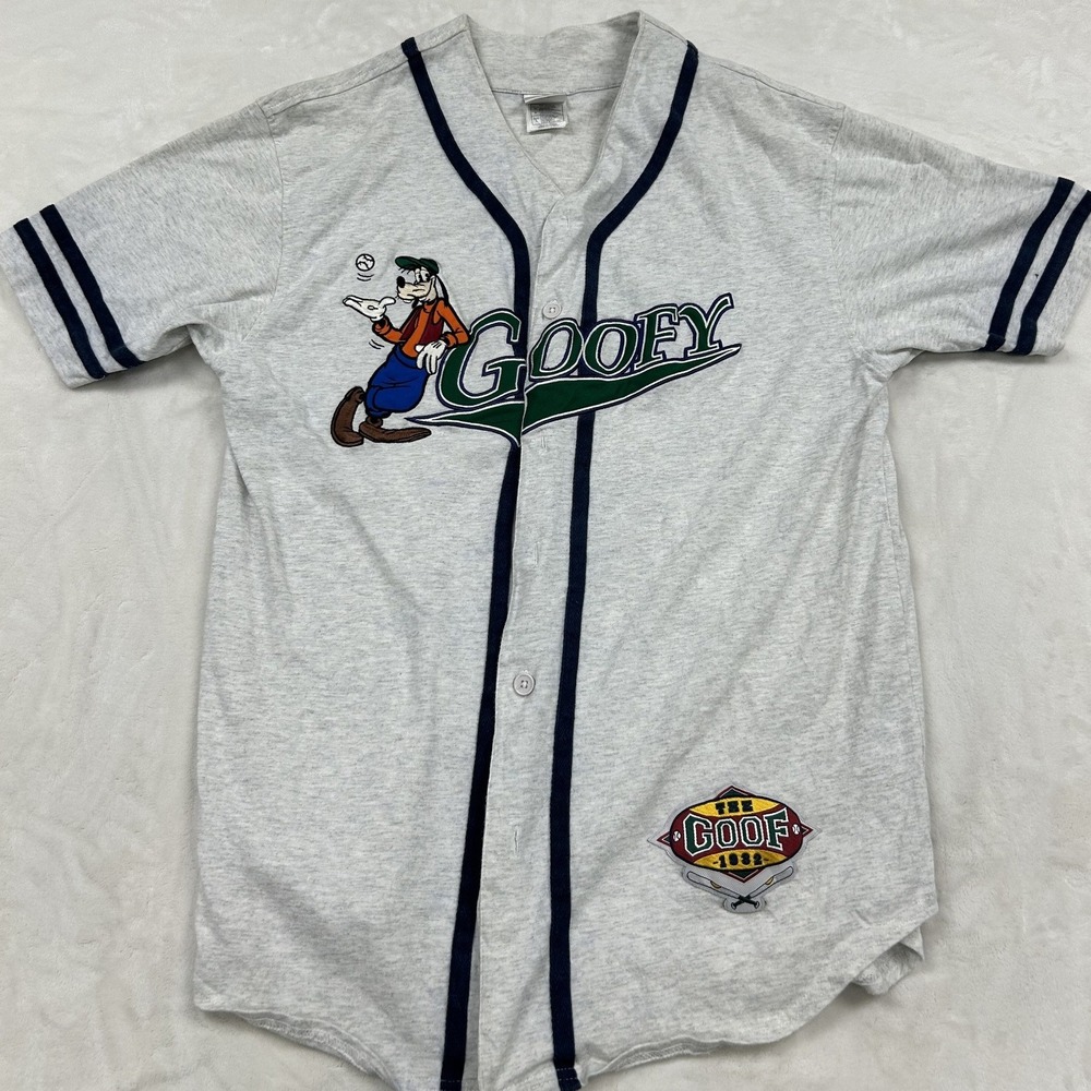 Disney Baseball Jersey Mens Large Gray Goofy Embroidered Short Sleeve Button Up